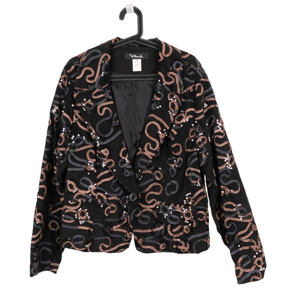 Villarreal Corduroy Blazer Jacket XL Black Sequin Ribbon Blazer Brown Gray Swirl